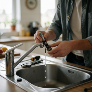 Homeowner repairing a dripping kitchen faucet