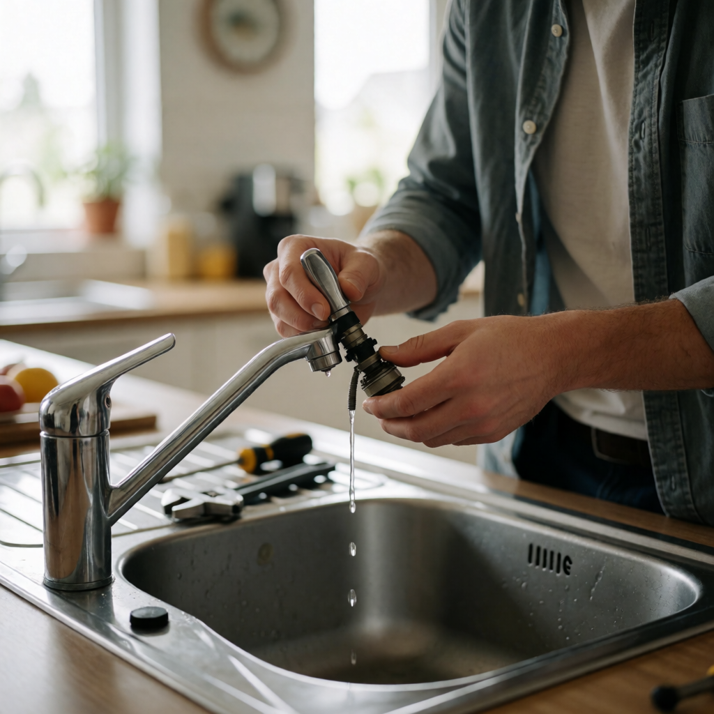 Homeowner repairing a dripping kitchen faucet