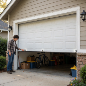 Homeowner checking a garage door safety sensor
