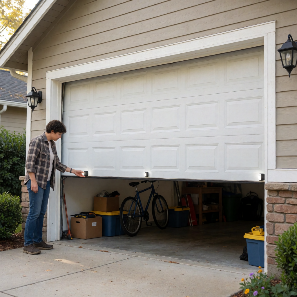 Homeowner checking a garage door safety sensor