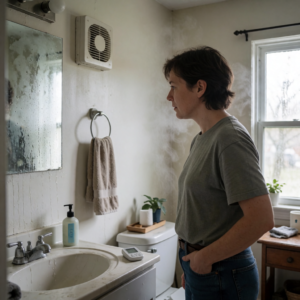 Homeowner checking humidity in a damp bathroom