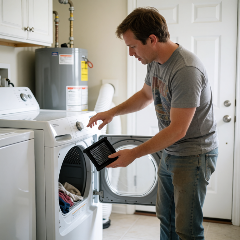 Homeowner checking a dryer that is not heating