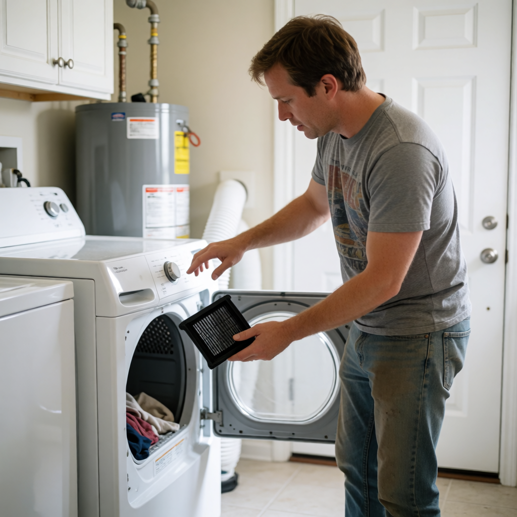 Homeowner checking a dryer that is not heating