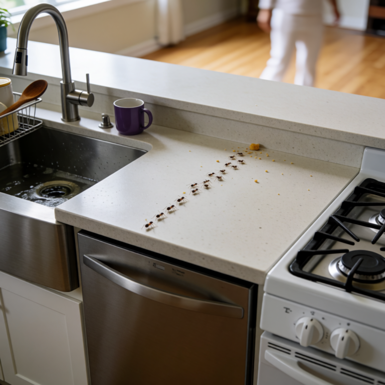 Small ants moving along a kitchen countertop toward a food crumb