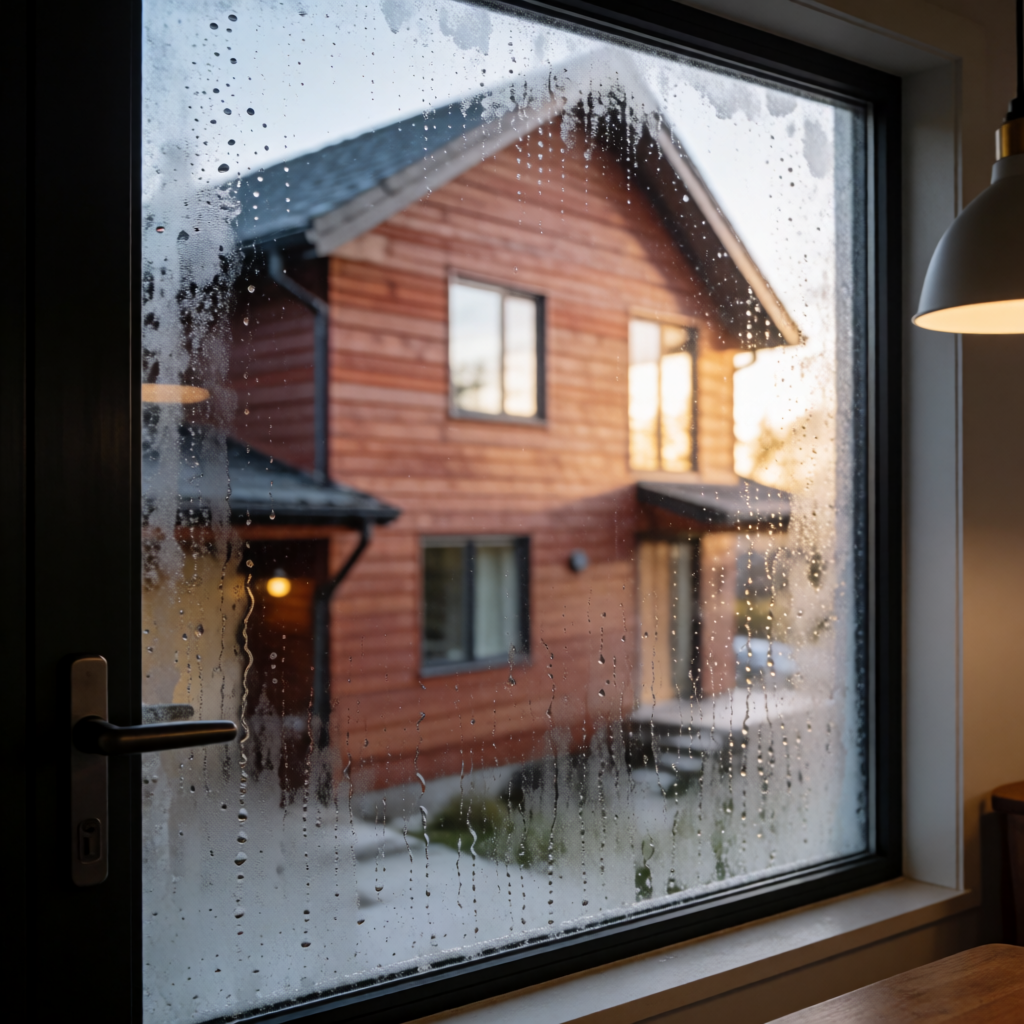 Condensation and water droplets on a window in the morning