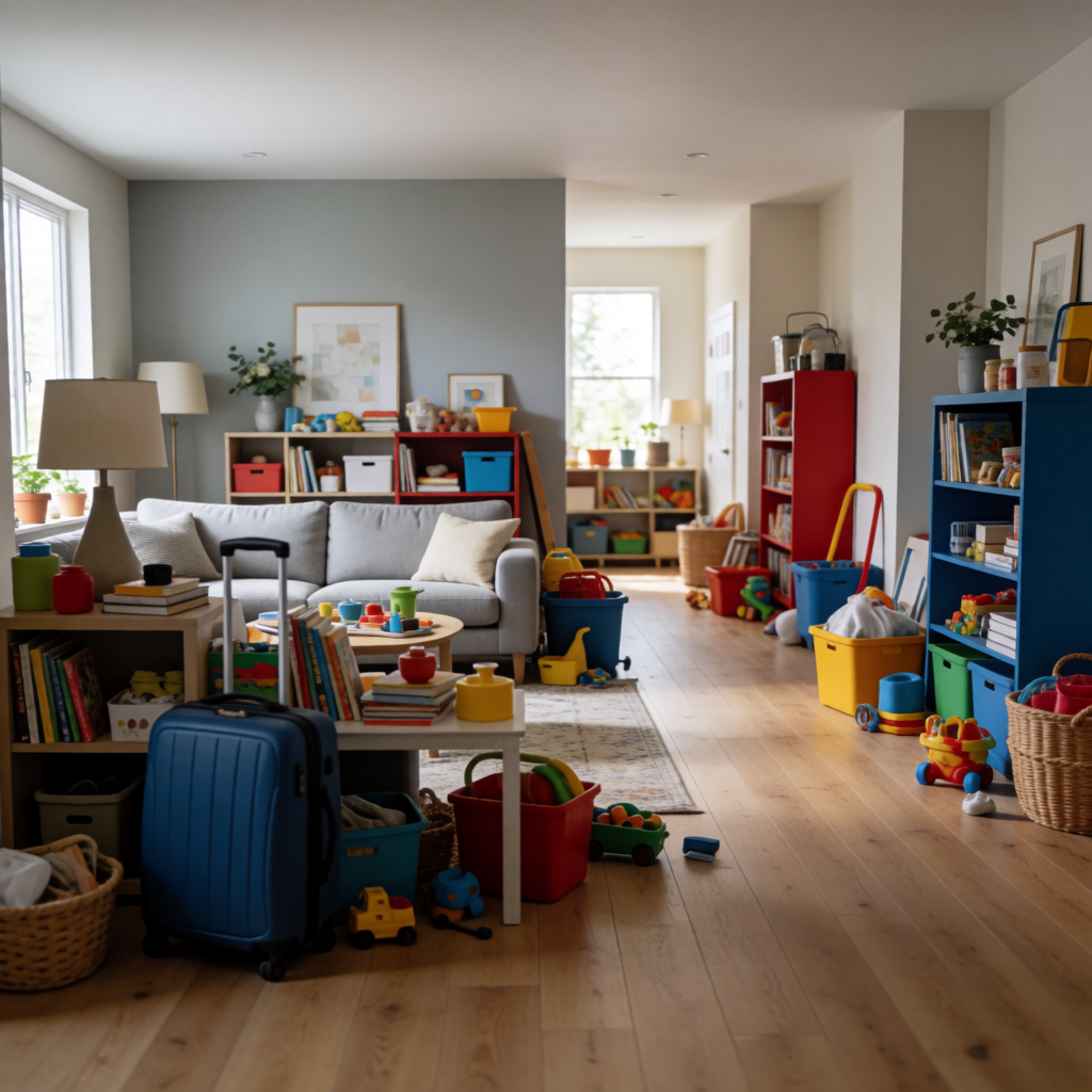 Homeowner organizing a cluttered living room